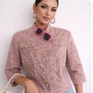 LL New York Pink Embellished Jacket | Faux Pearl Rhinestone Cropped Blazer Chic